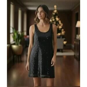 Eileen Fisher 100% Silk Sequin Mini Cocktail Dress Tunic Women M Glam Sparkle